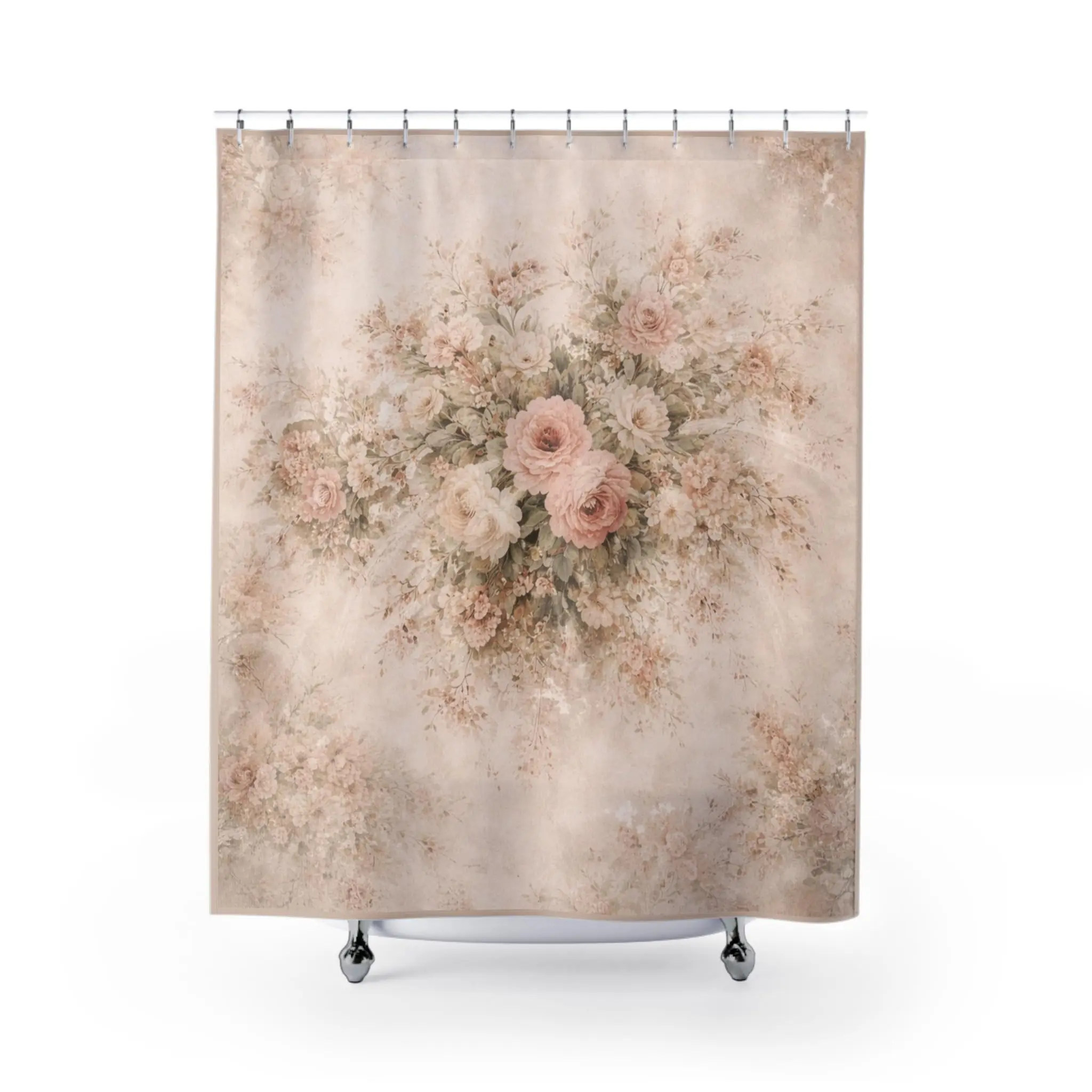 Soft Pink Rose Spray Fabric Shower Curtain, Victorian Floral Bathroom Decor, Blush French Country Cottage Shabby Chic