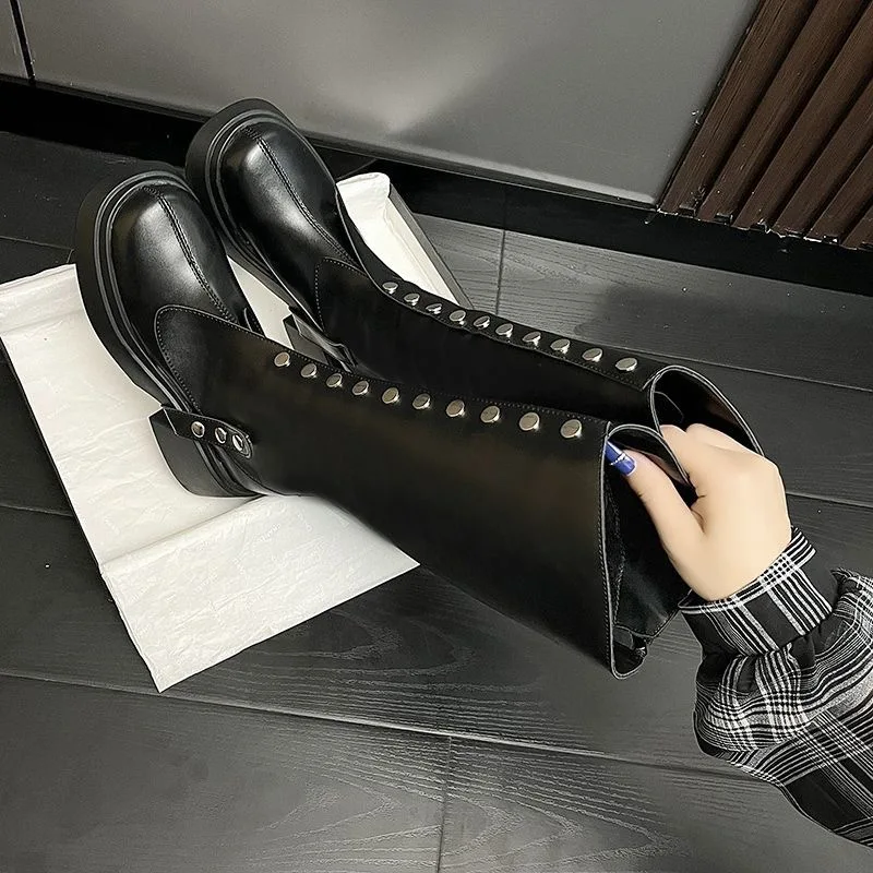 Tacco alto da donna Punta tonda Tacco spesso Stivali alti Stivali da cavaliere Temperamento alla moda Stivali da moto con rialzo Scarpe cosplay