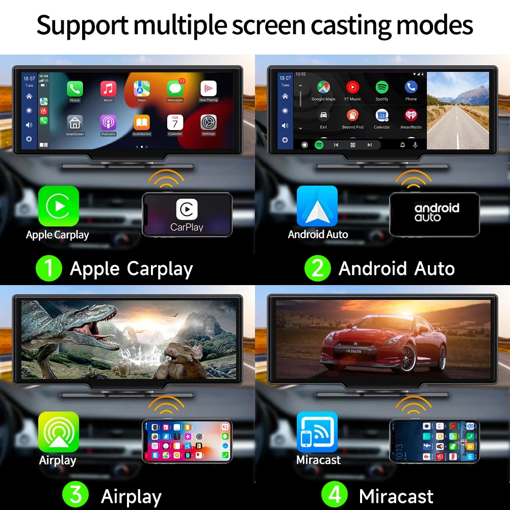 JIUYIN 4K 10,26 дюймовый универсальный USB Carplay Android Автомобильная приборная панель Airplay Miracast с двумя объективами, видеорегистратор со