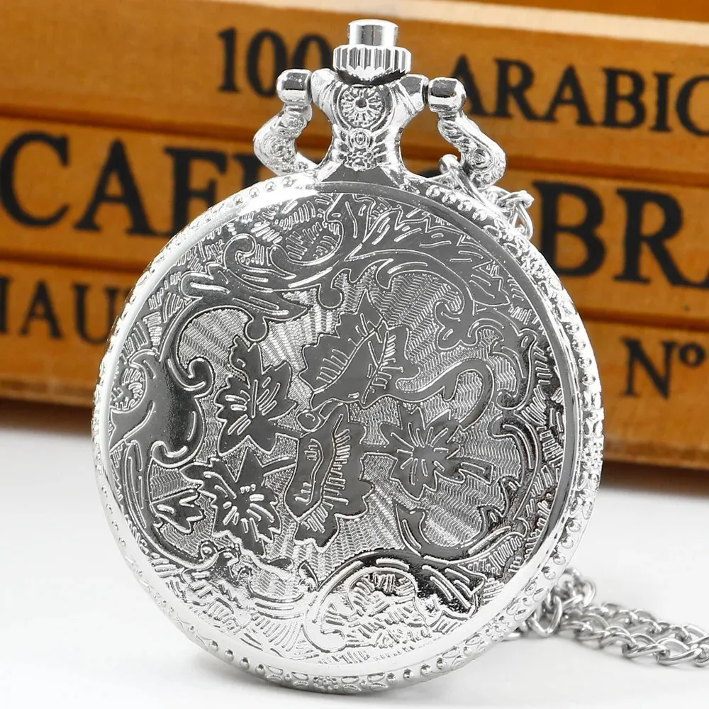 قطار فضي منحوت كوارتز ساعة جيب الرجال النساء ساعة الموضة قلادة قلادة ساعة الهدايا Steampunk