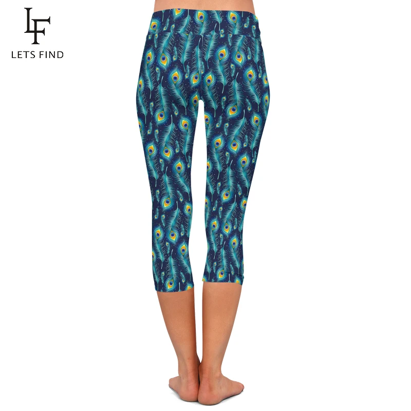 LETSFIND estate donna Capri Leggings vita alta moda piume di pavone stampa metà polpaccio 3/4 Leggings ragazza