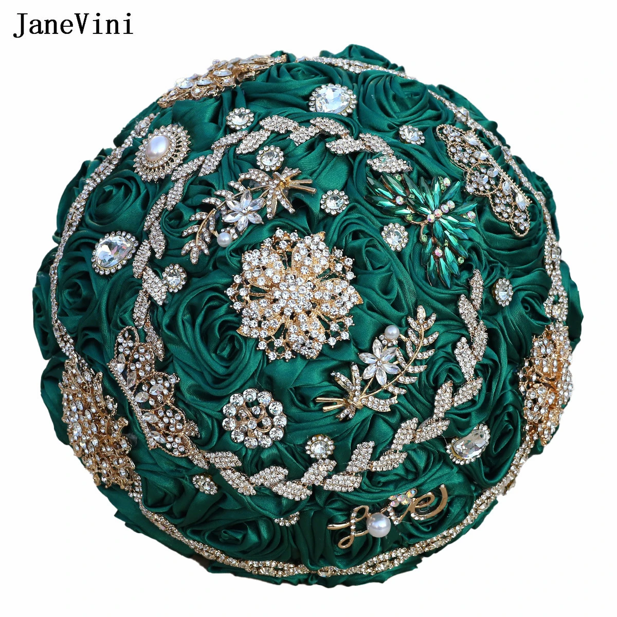 

JaneVini Luxury Golden Rhinestones European Bridal Bouquets Dark Green Artificial Satin Roses Bride Bouquet Flowers for Wedding