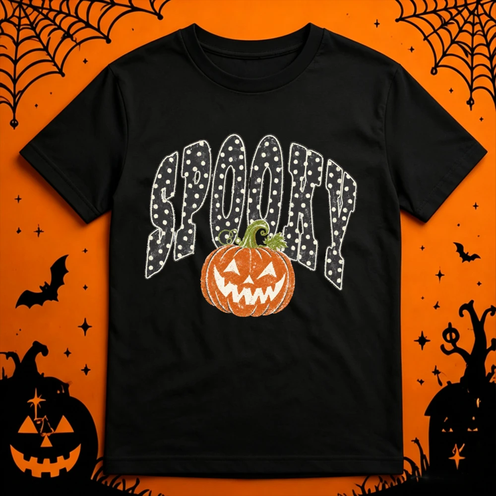 Halloween Spooky Polka Dots TShirt Women Retro Coquette Pumpkin Jack O Lantern Print Short Sleeve Tee Trendy Autumn Casual Shirt