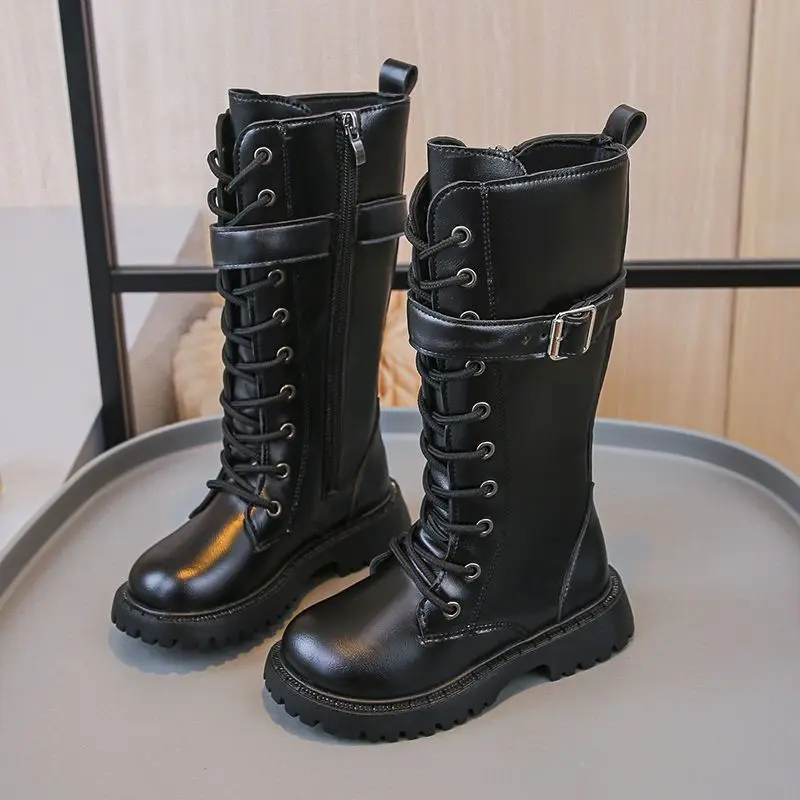 

2026 New Girls Furry Autumn Winter Knee High Boots British Style Kids Princess Leather Fashion Boots