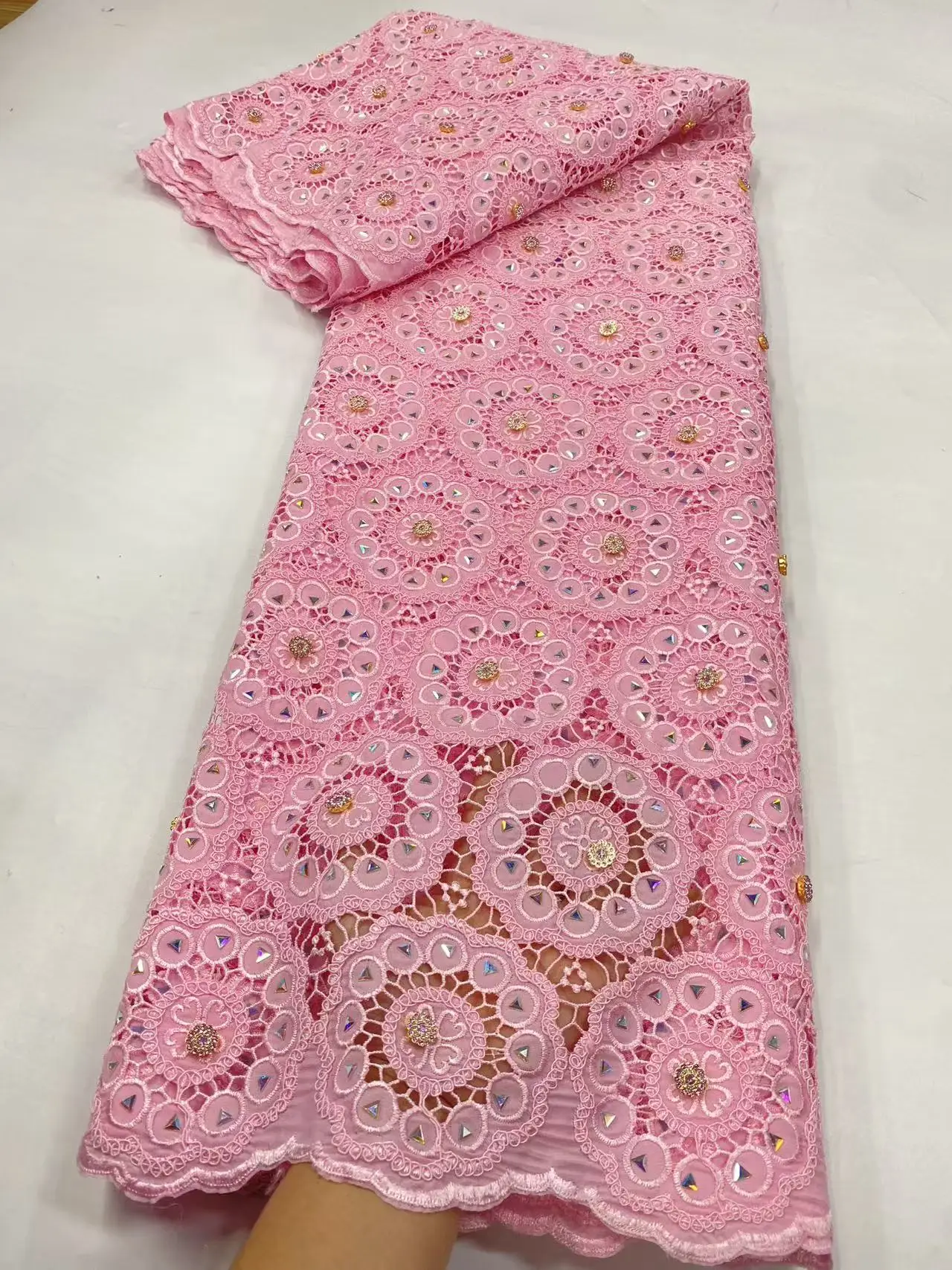 Latest African Chiffon Lace Fabric 2025 High Quality Nigerian Stones Lace Fabric Groom Chiffon French Bride Wedding Dress H173-1