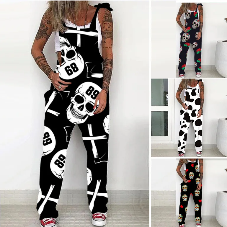 Autumn New Halloween Women's Funny Strap Pants Lace up Personalized Skull Head Printed Women's Pocket jumpsuit party jumpsuit 