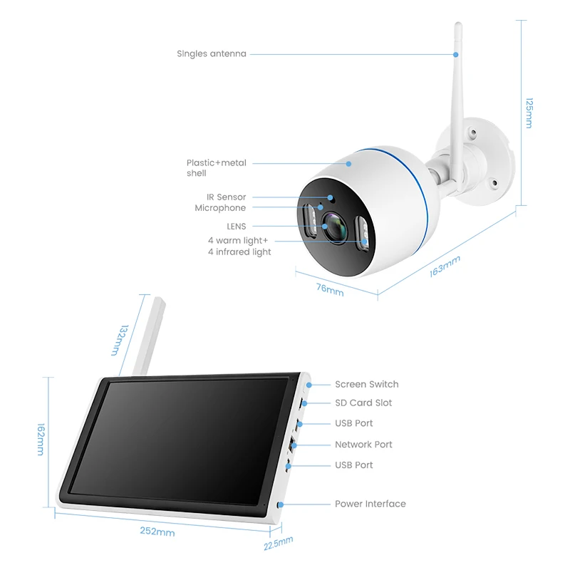 Sistema de cámara de seguridad inalámbrica para exteriores, dispositivo de detección facial de largo alcance, audio NVR, CCTV, monitor LCD de 10 pulgadas, 4 y 8 canales