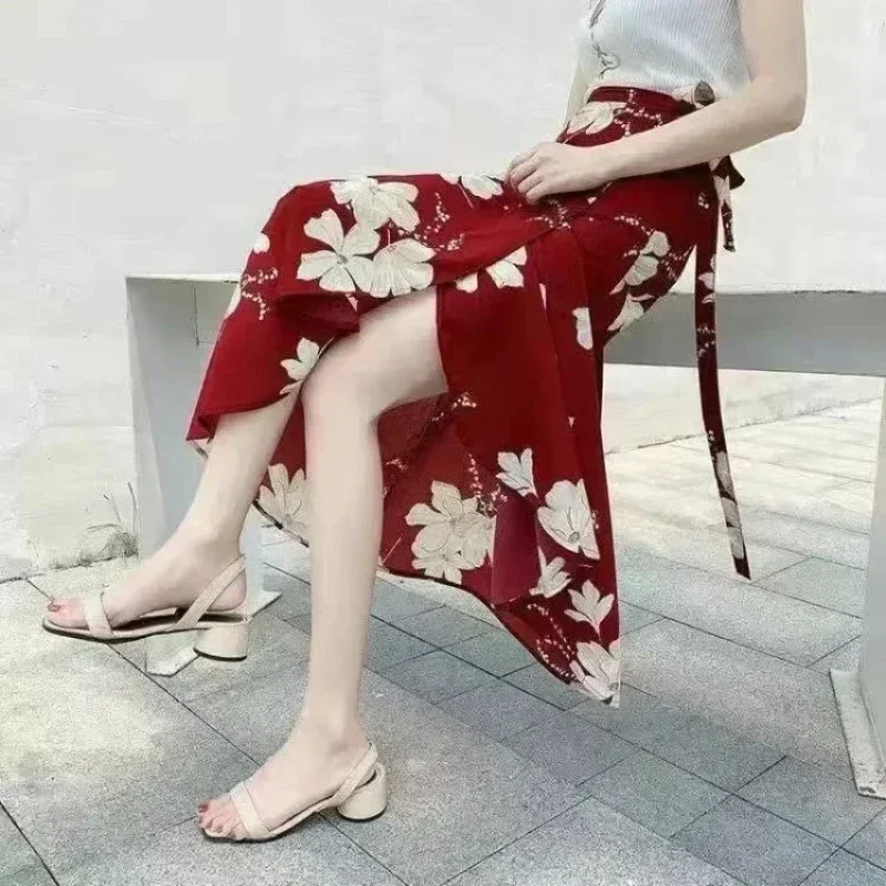 Women Casual Chiffon Wrap Skirt Tie Waist Ruffle Wide Leg Loose Summer Beach High Waist