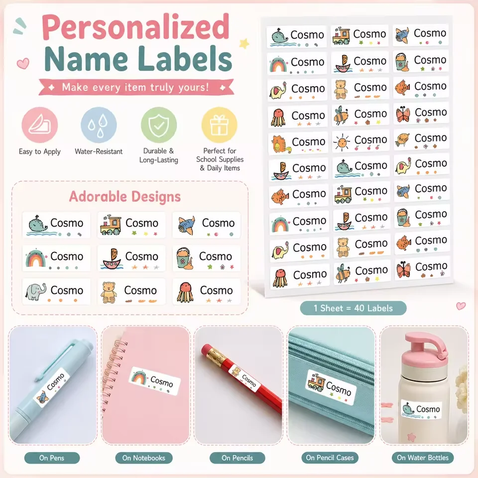 Custom name stickers—personalized labels featuring animal designs, perfect for cups, office storage bins, and everyday items.