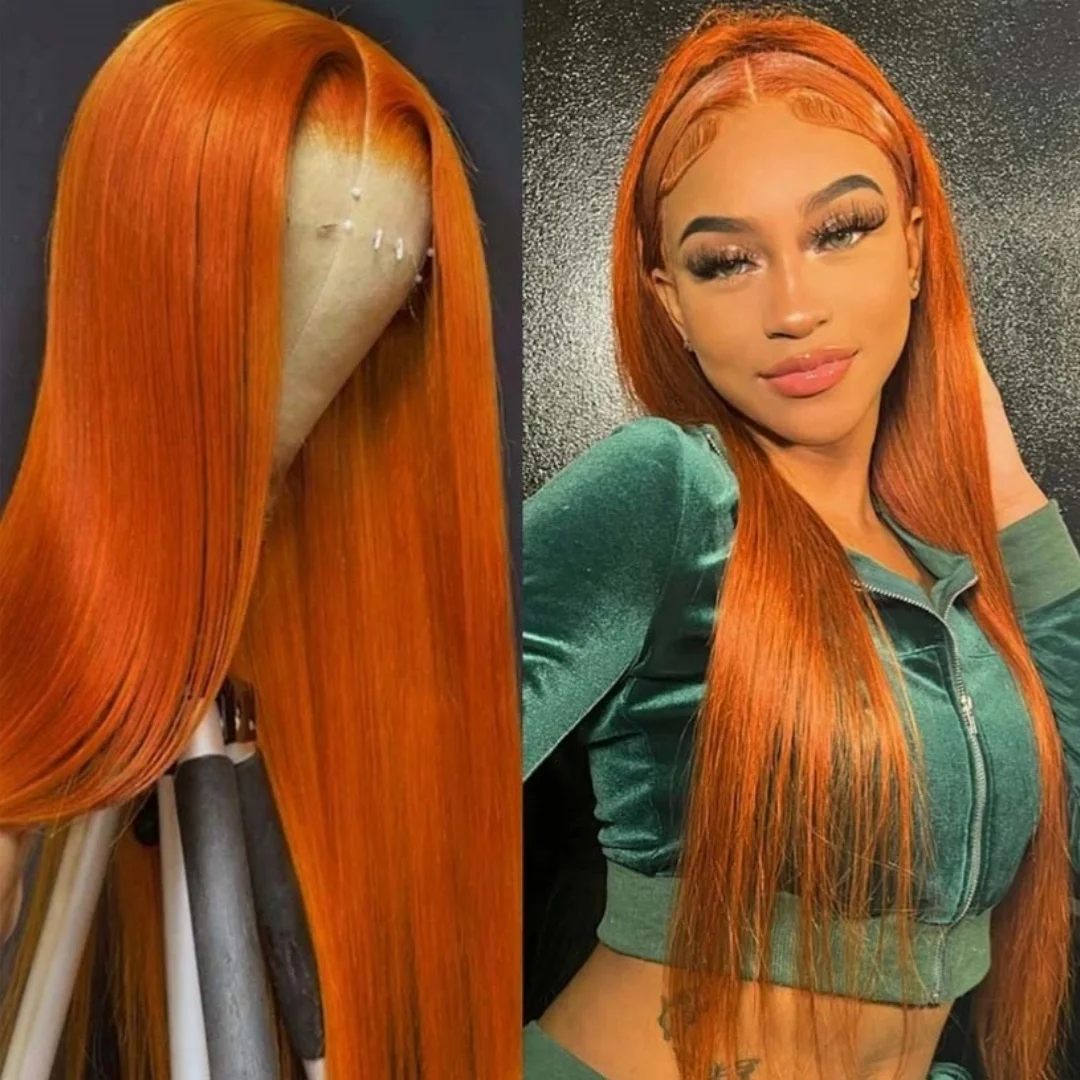 RDY-peruca dianteira de renda ruiva para mulheres, longa, reta, laranja escuro, cabelo sintético, perucas de renda frontal, sem cola, festa diária