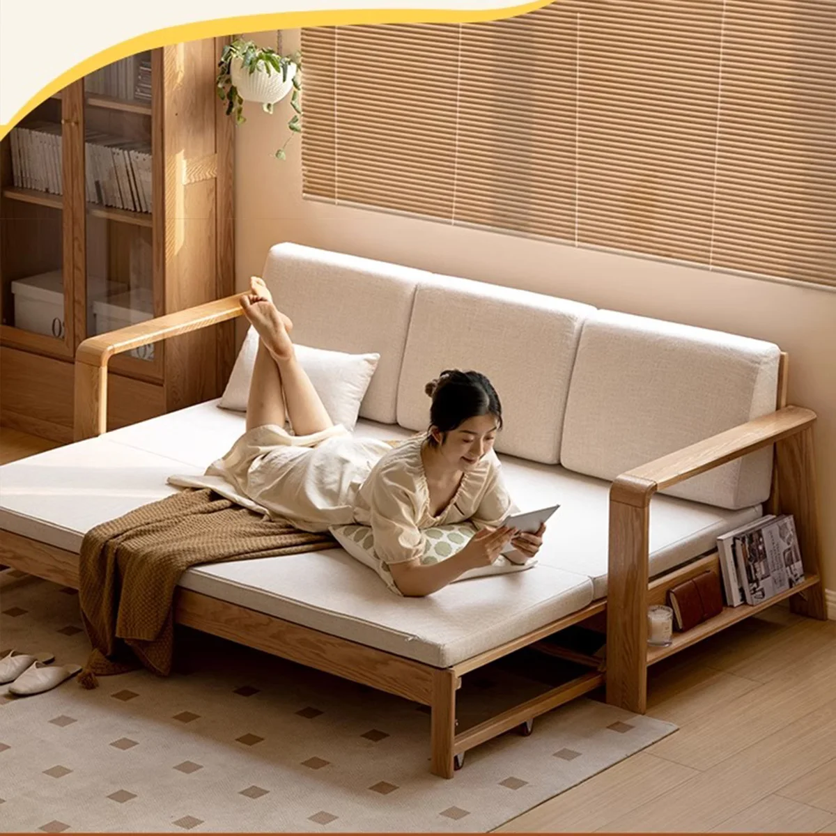 Dual-Purpose Simple Oak Solid Wood Sofa Bed Multi-Functional Telescopic Folding Storage for Small Living Room