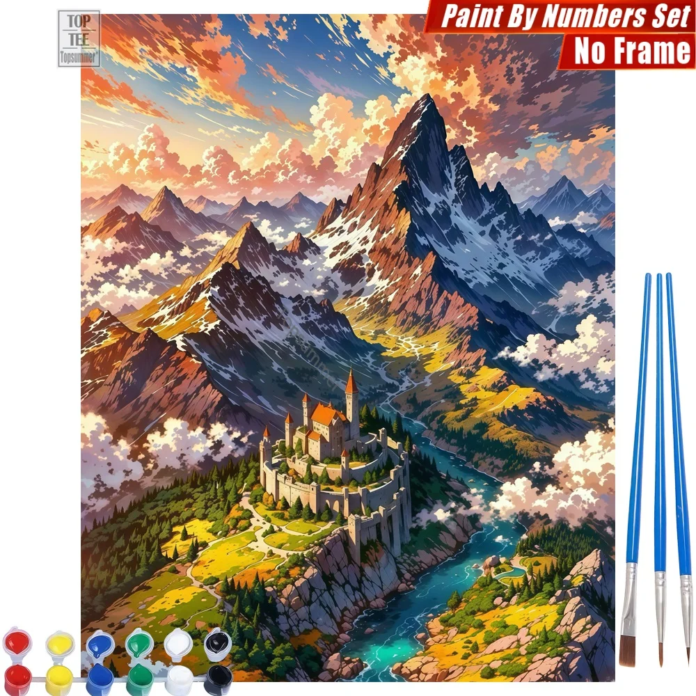 

Mountain Castle Oasis Paint By Number Kit - Castle Mountains River Wall Art Home Decor Gift For Mom Gift For Wife