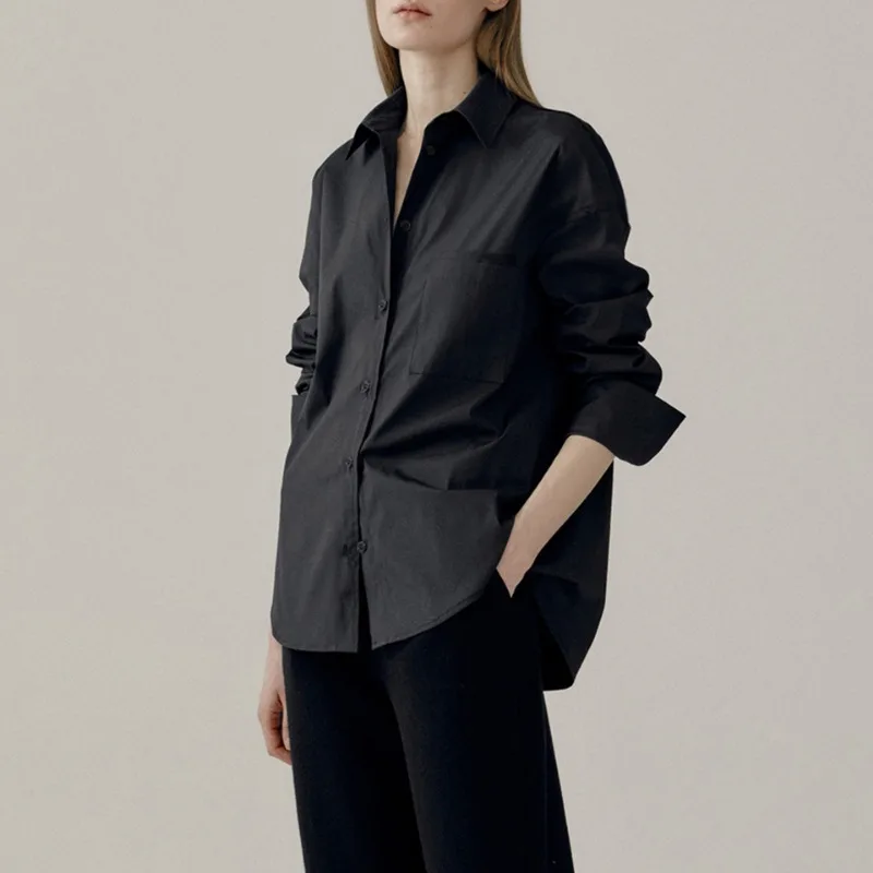 Women's 100% Cotton Long Sleeve Black Shirt Casual Lapel High Quality Office Top with Pockets Buttons Basic Autumn Ladies Shirts