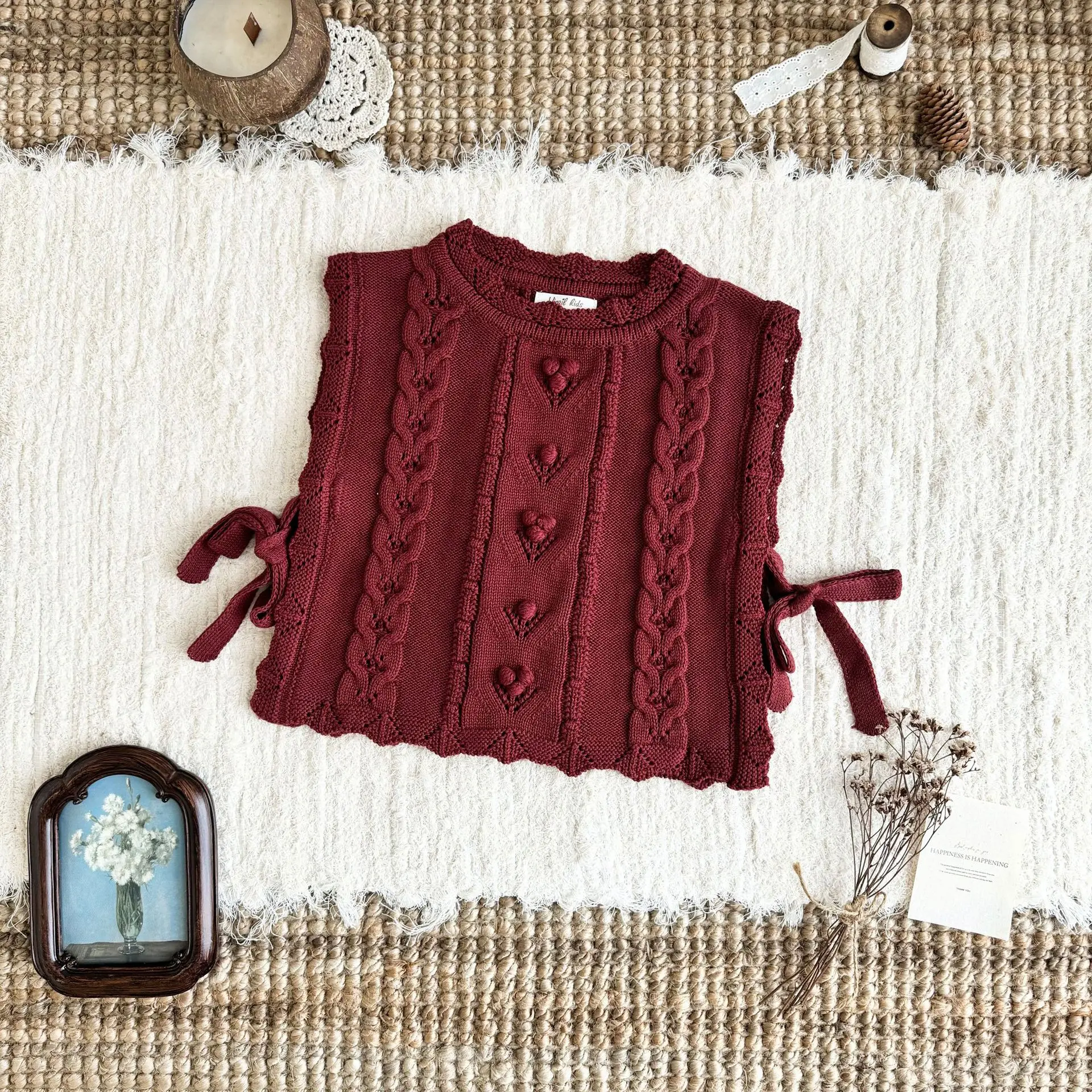 2026 Fall Winter 2026 Girls Knit Vest Cotton Cable Knit Hand Hooked Pom Pom Sleeveless Cardigan Vest