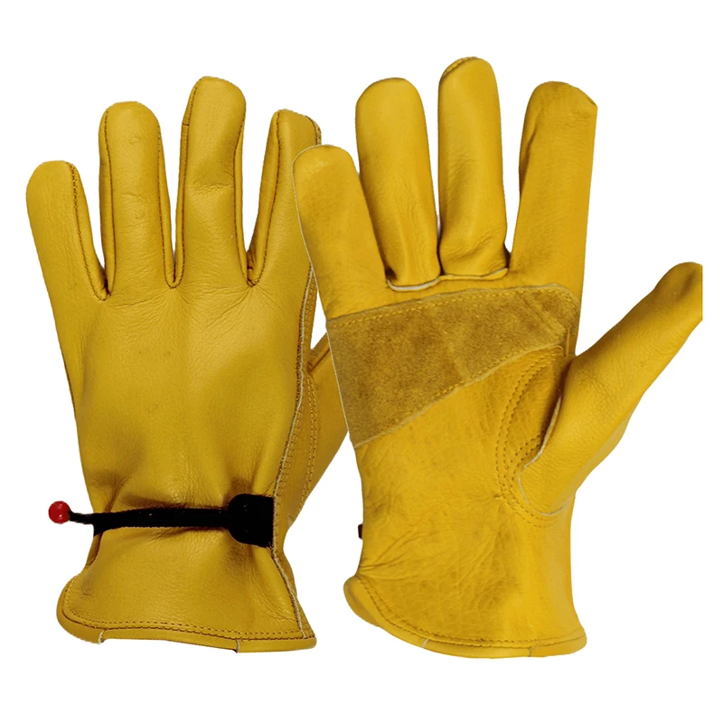 Pair Men's Yellow Cowhide Leather Safety Gloves, Heavy Duty & Stretchable, Ideal for Welding, Mechanical Work and Driving