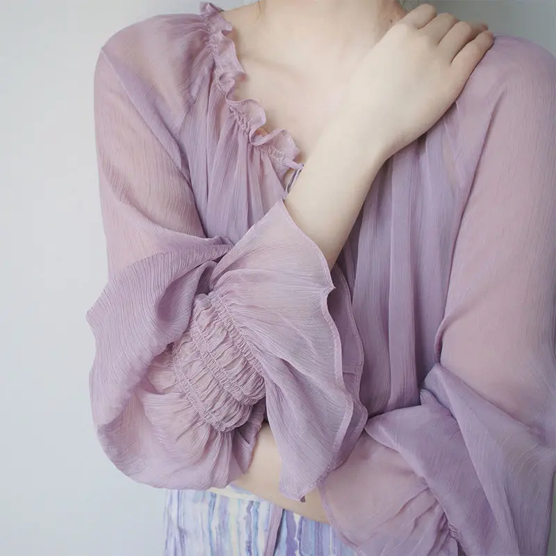 

C5578 French Vintage Women Chiffon Blouse Ruffles V Neck Flare Sleeve Purple Chiffon Shirts