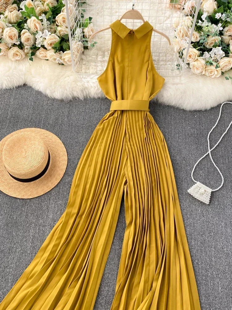 New Women's European American Style Jumpsuit Women Temperament Lapel Slim Breasted Heavy-duty Pleated Wide-leg Pants UK914