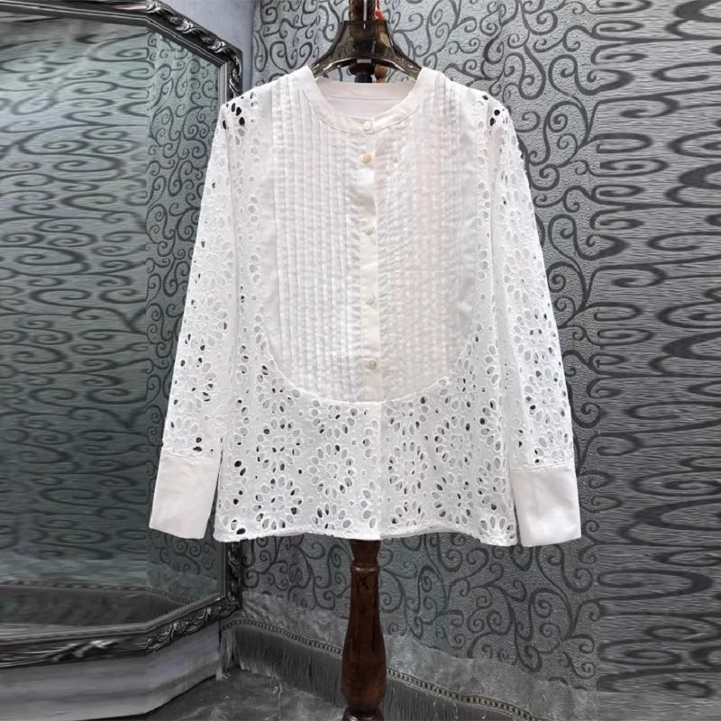 

100%Cotton Shirts 2023 Autumn Fashion Style Blouses Women Hollow Out Embroidery Long Sleeve Casual White Blouses Shirts Runway