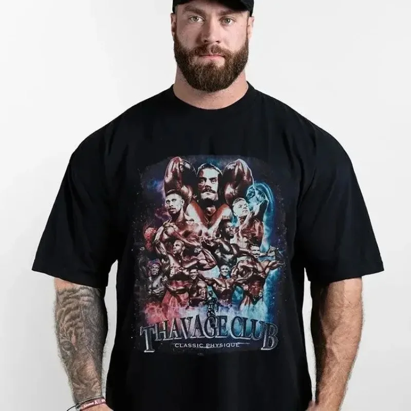 

2025 New Hot Fitness Bodybuilding Training Clothes Summer Sports Cotton Men's and Women's Loose Fashion Printed Crew Neck