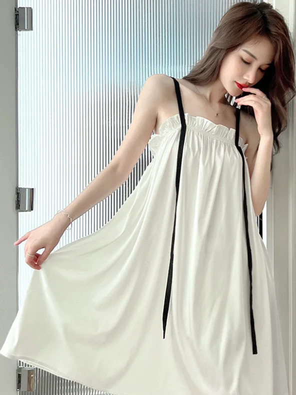 

plus Size Color Block Sleeveless Thin Sleep Dress Medium Length Home Style Sweet Style Summer Casual Comfortable plus Size