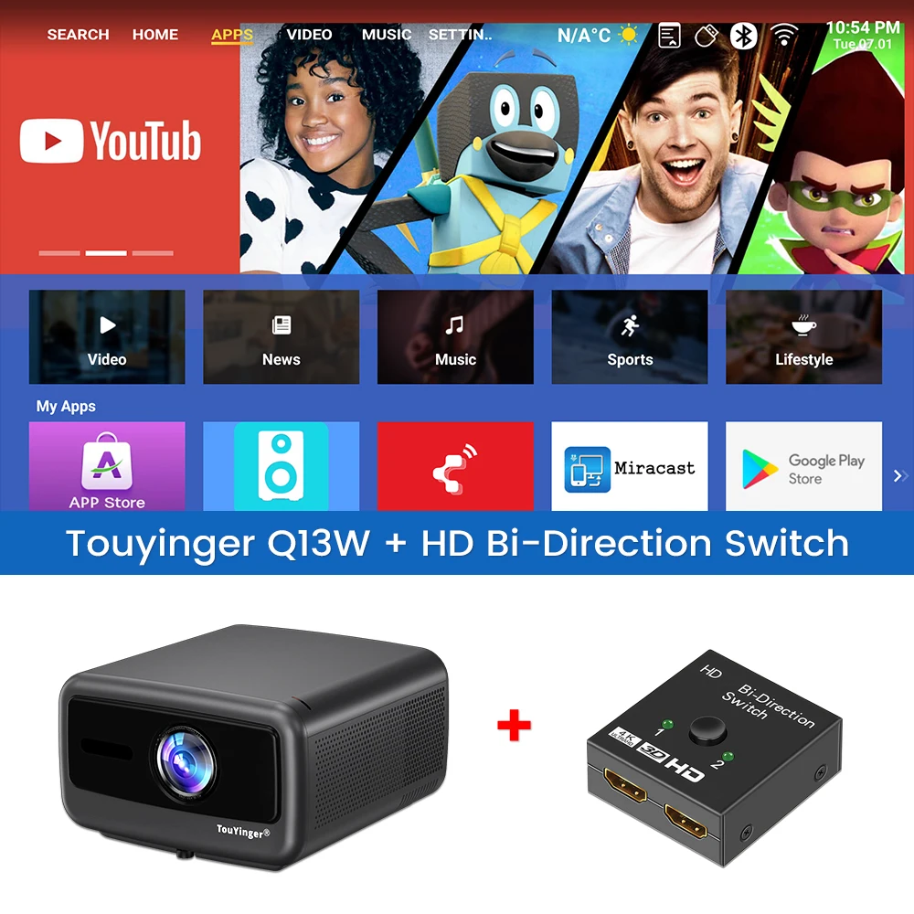 Touyinger Q13W 3800 Ansi Full HD 4K-projectoren Home Theater Video 3G 128G Smart TV Beamer voor films