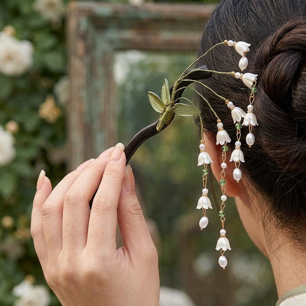 Wooden Flower Hairpin Vintage Convallaria Majalis Long Tassel Hair Stick For Women Elegant Hair Decor Pin Jewelry Hair Accessory view 5