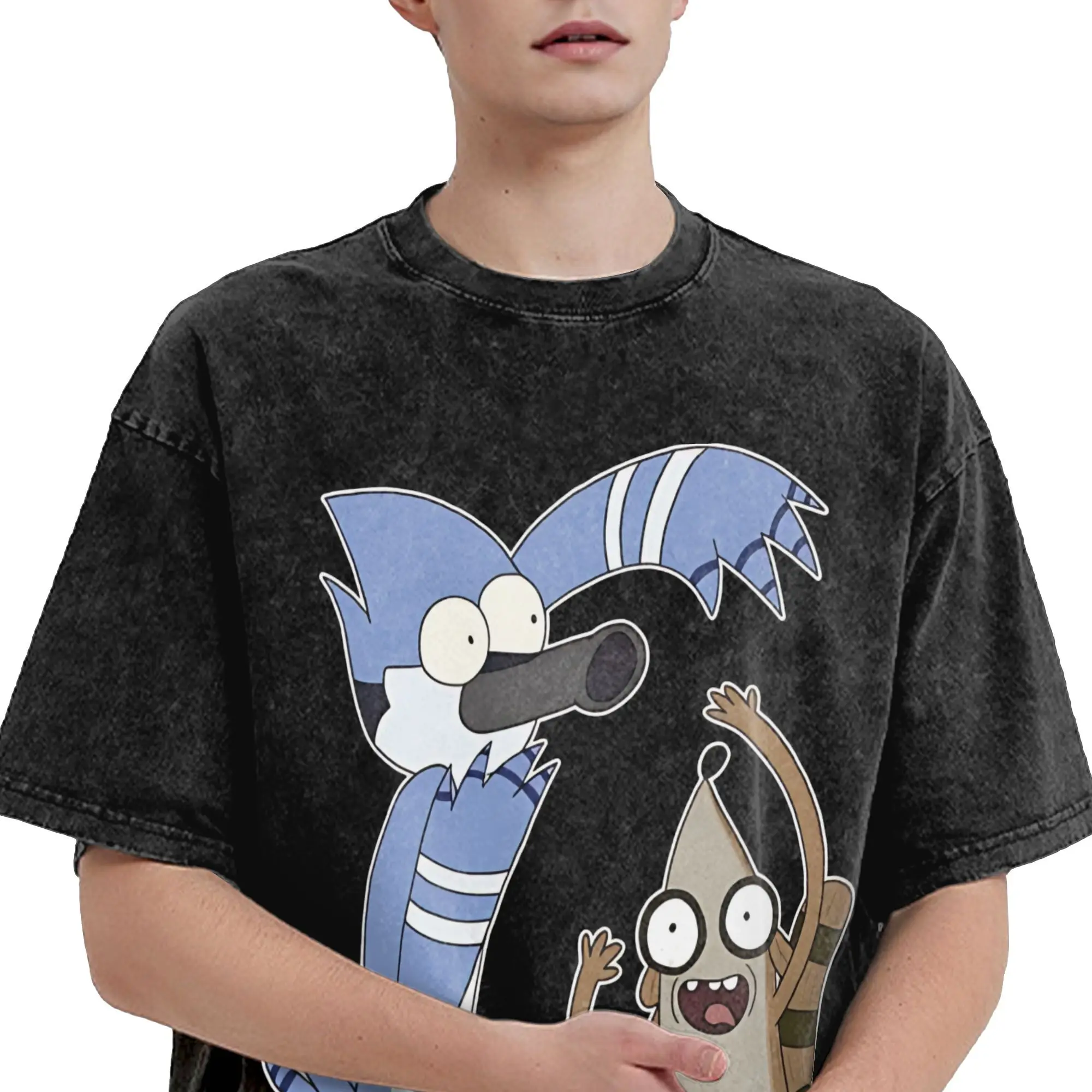 تي شيرت Mordecai and Rigby العادي Ooooh مغسول تي شيرت ريترو Harajuku للرجال والنساء الهيب هوب تي شيرت بأكمام قصيرة
