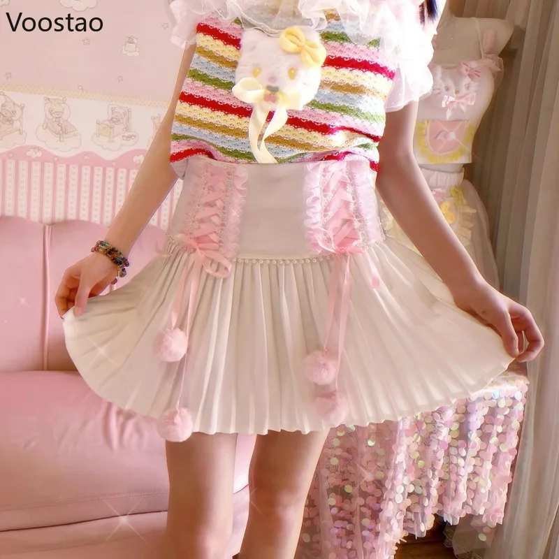 

Japanese Preppy Style Lolita Mini Pleated Skirt Women Sweet Lace Bandage Pearl Short Skirts Girls Casual Cute Faldas Mujer Moda