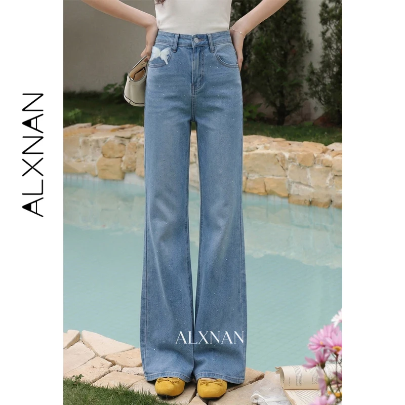 ALXNAN Women Light Blue Washed Jeans All Over Tiny Hot Fix Rhinestones High Waist Denim Pants Slim Summer Long Trousers L61370A