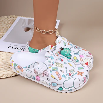 Women Cartoon Printing Mule Clogs Adjustable Buckle Nurse Shoes Non-Slip Closed Toe…