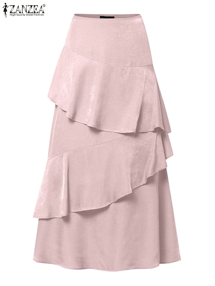 ZANZEA 2025 Summer Women Solid Long Skirt Fashion Ruffled Stitching Maxi Jupes Casual Loose High Waist Faldas Korean Overskirts