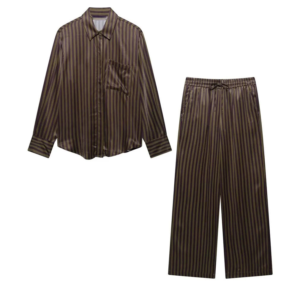 

Taop&Za Women's Fashion Versatile Pocket Decoration Collar Striped Silk Texture Shirt Summer New Printed Casual Pants