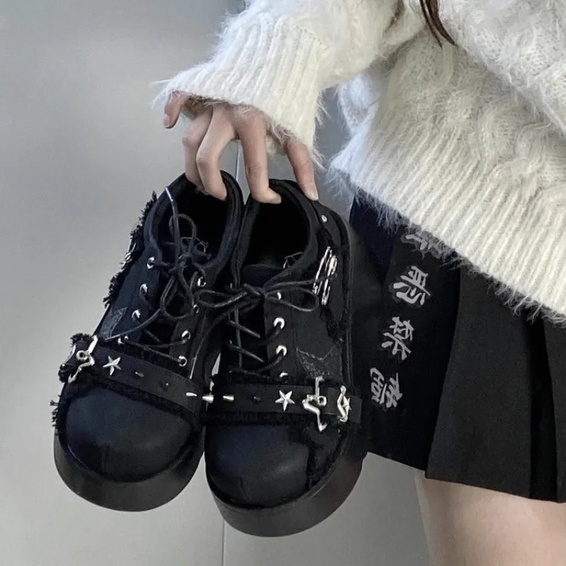 Women's Y2K Gothic Lolita Punk Metal Chain Boots 2025 Autumn Black Chunky Platform Denim Ankle Boots