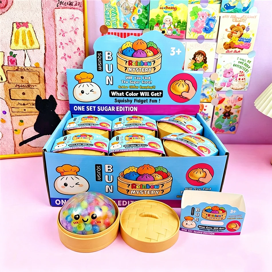 Soft TPR Rainbow Bead Bubble Bun Squishy Toy With Steamer Anxiety Relief Fidget Toy Sensory Decompression Kawaii Squeeze Toys
