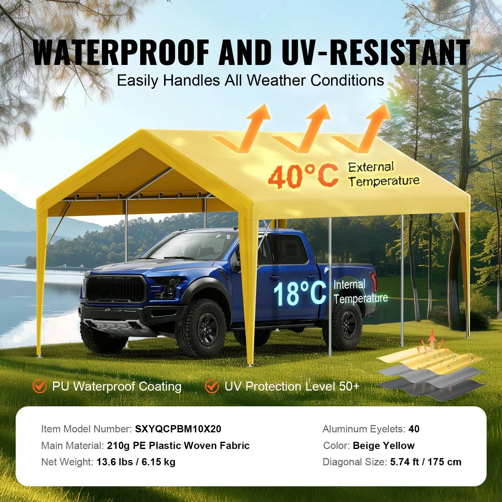 Beige 10x 20ft Heavy Duty Waterproof UV Resistant Carport Replacement Roof Cover Easy to Install Ball and Socket