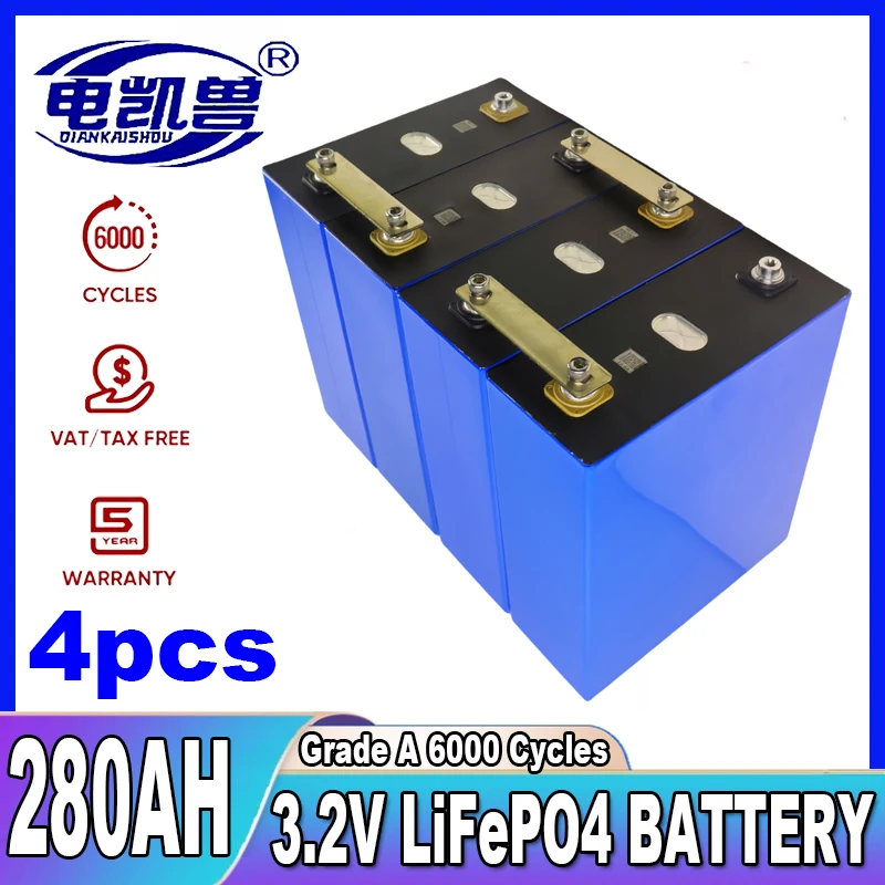 

4 pcs 3.2V 280Ah Cells Brand New Lifepo4 280Ah Battery Grade A 12V 48V 24V Rechargeable Battery Pack with Busbars Solar system