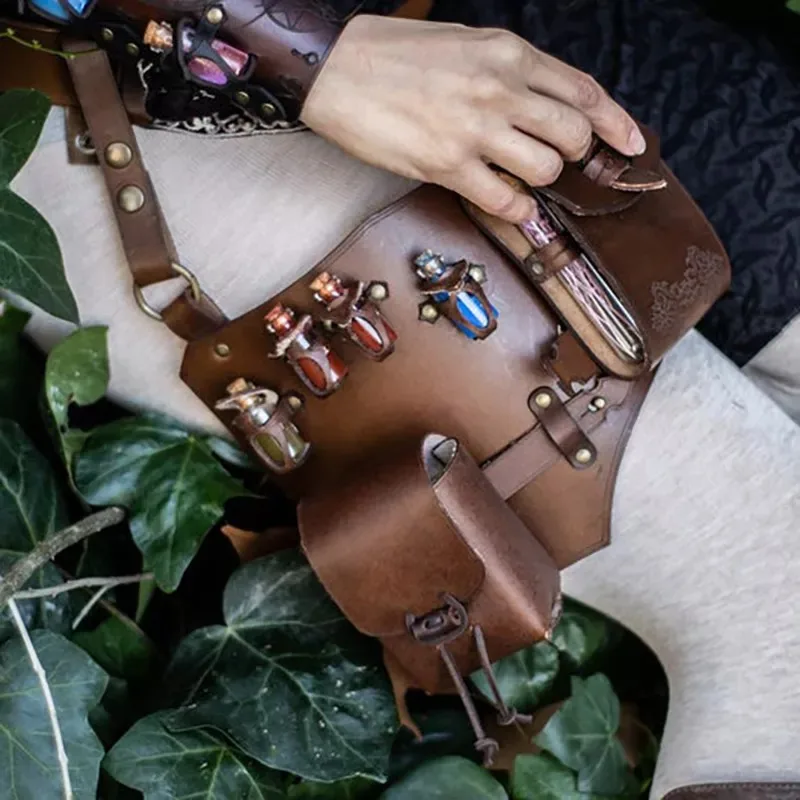 Ceinture en cuir d'alchimiste de sorcière médiévale pour femme, sac en poudre, accessoire de costume de cosplay de sorcière, bouteille de potion magique, accessoire Steampunk