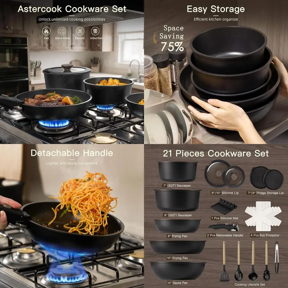 

Набор посуды черного цвета с керамическим антипригарным покрытием, 21 предметов со съемными ручками, безопасный для духовки, индукционный, штабелируемый