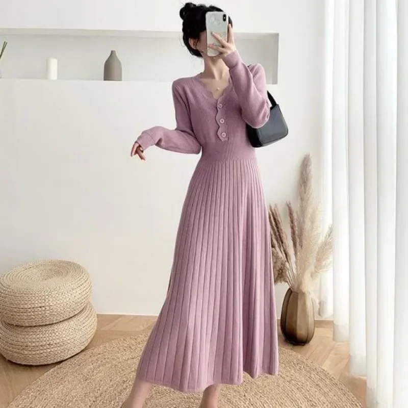 

Long Pink Knitted Dress Women Evening Robe Korean Fashion Sweater Dress Female Knit Brown V Neck Trendy Outfits Sale Chic Y2k