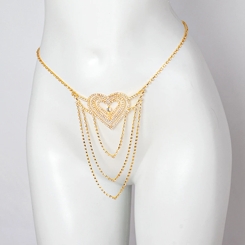 Fashionable Single Layer Heart Patterned Tassel Rhinestone Waist Chain Women\'s Body Chain