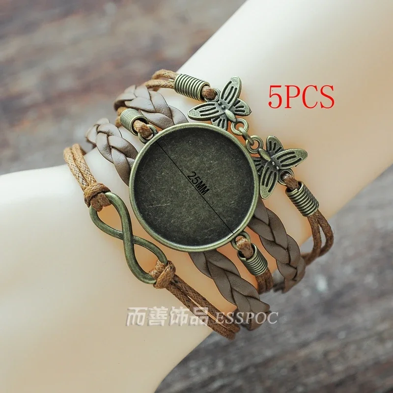 5PCS DIY Multi Layer Leather Woven Bracelet 25MM Round Photo Glass Cabochon Making Bangle Blank Base Setting Bezel Tray Jewelry