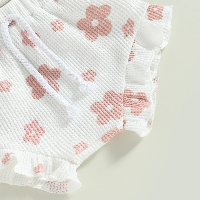 Conjunto de 3 peças de roupas de verão para bebês meninas de 0 a 18 meses, macacão floral sem mangas + shorts + faixa de cabeça