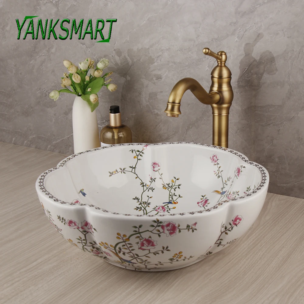 

YANKSMART Art Ceramic Flower Bird Bathroom Basin Sink Set Rotated Antique Brass Faucet Washbasin Mixer Tap W/ Pop Up Drain