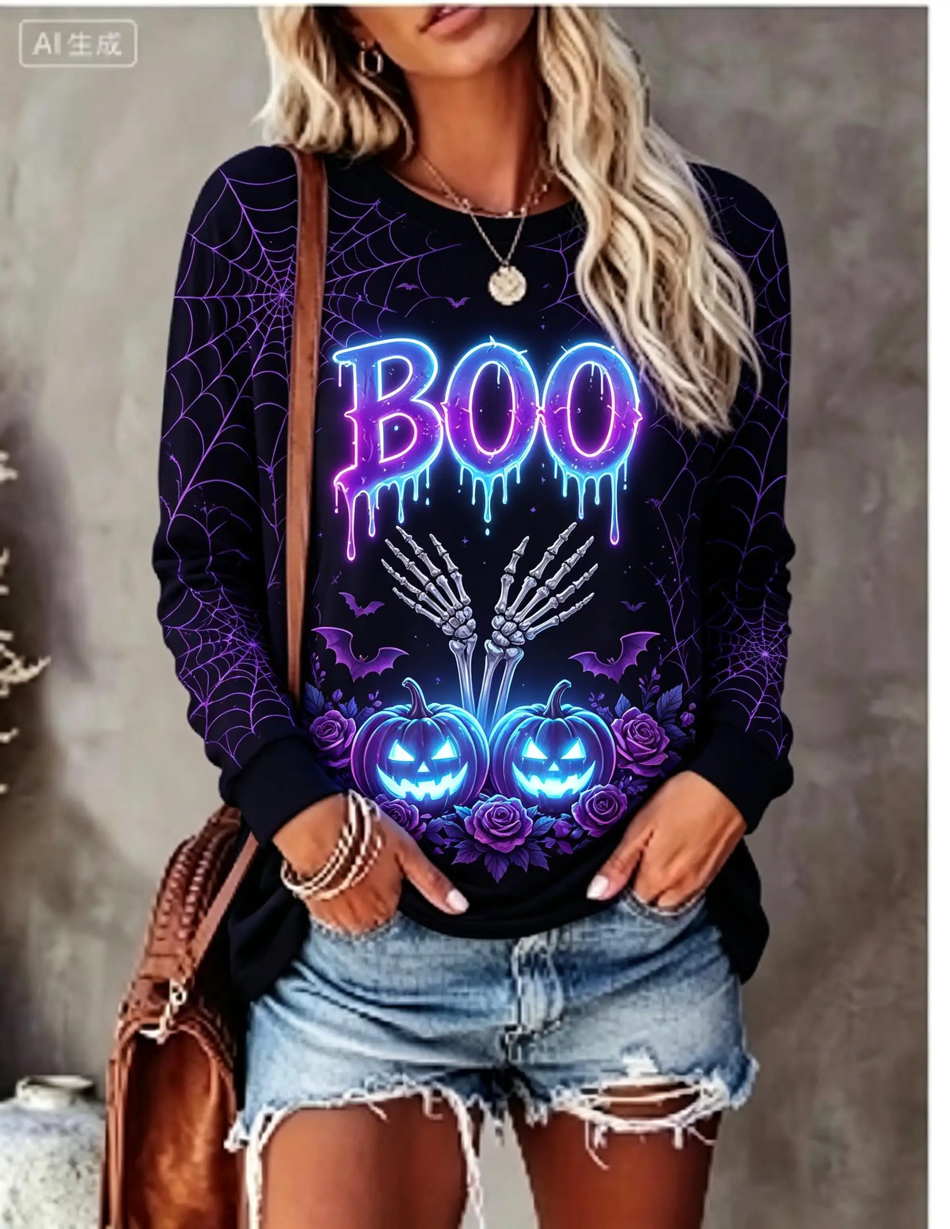Women Halloween Long Sleeve T‑Shirt Boo Skeleton Hand Pumpkin Bat Spider Web Rose Print Crew Neck Tops