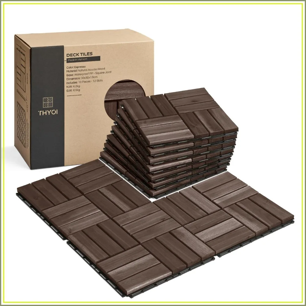10 Pcs Interlocking Deck Tiles, 12x12x0.9" Waterproof Acacia Wood for Patio Balcony Indoor Outdoor, Crossed Pattern Square Joints