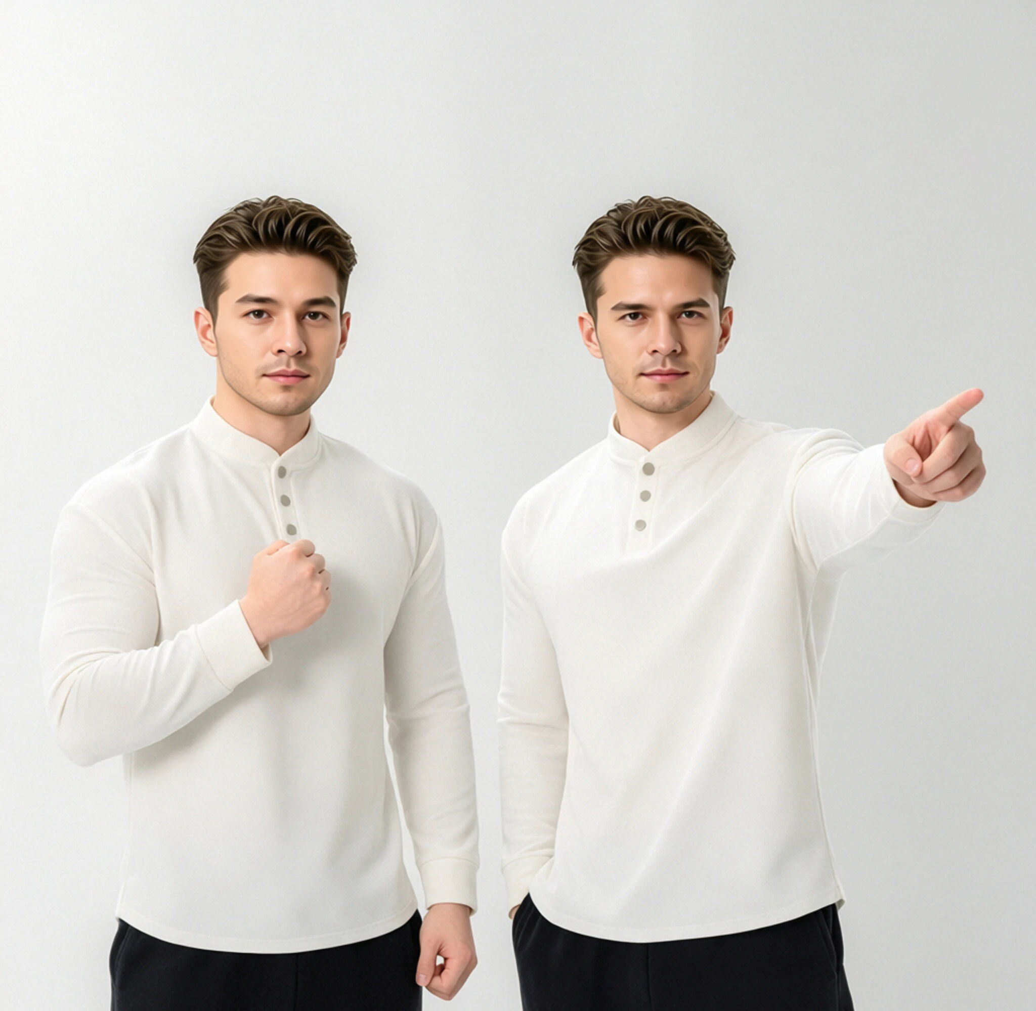 Classic new Chinese style three button Henry collar long sleeved shirt, ultra-fine high elasticity fiber, finer hand feel, 1x1cm precision waffle mesh, breathable cushioning, skin friendly high elasticity, fluffy air f