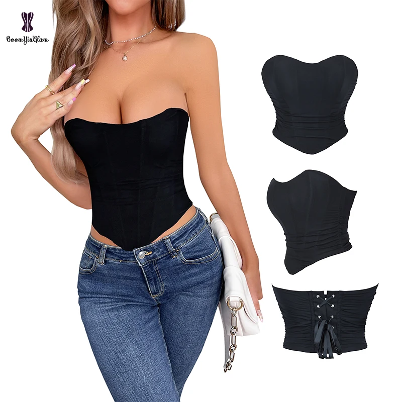 

Plus Size S-xxxl Backless Body Shapewear Mesh Hourglass Bustier Lace Up Boned Ruched Hem Crop Top Strapless Corset For Women