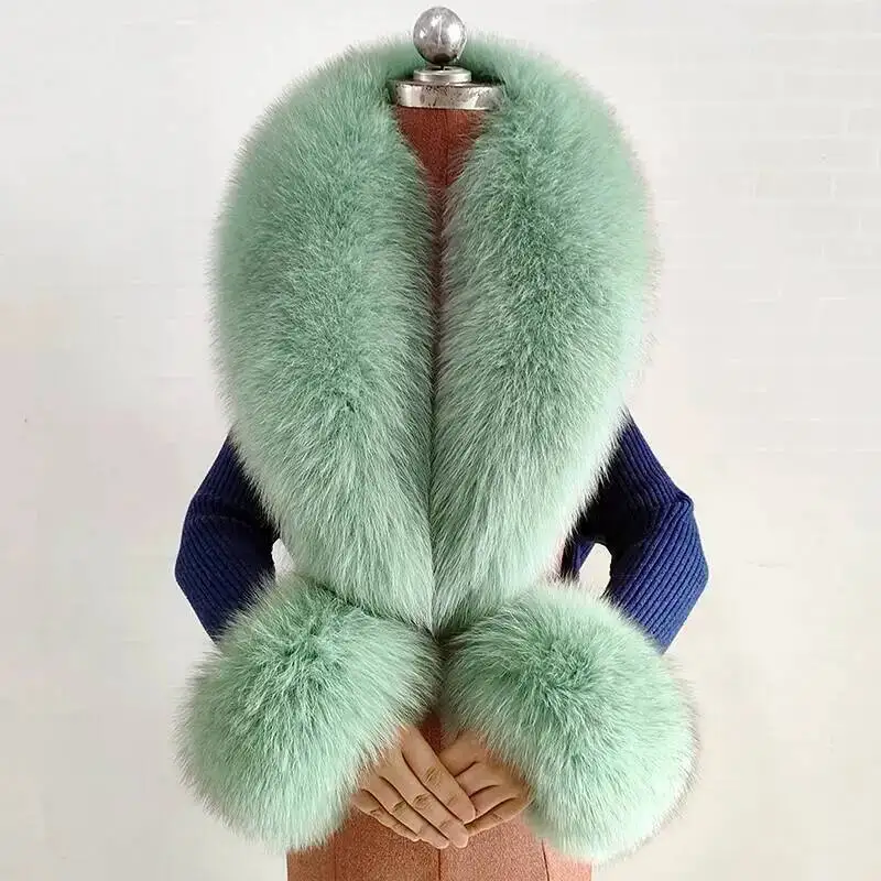 Winter Natural Fox Fur Scarf And Cuff Set Women Jacket Fur Collar Authentic Neck Warm Scarves Luxury Fluffy Fox Fur Shawl