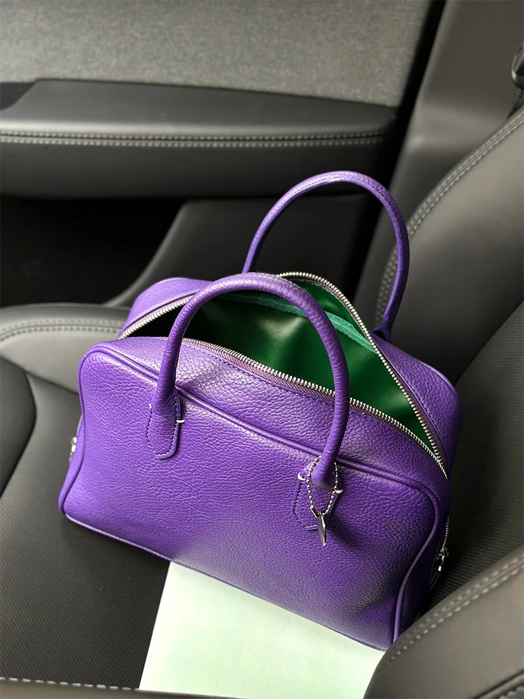 

Фиолетовая женская сумка-тоут из натуральной кожи, новинка 2026 года, элитная сумка через плечо, модель Boston, мягкая прямоугольная сумка-боулинг