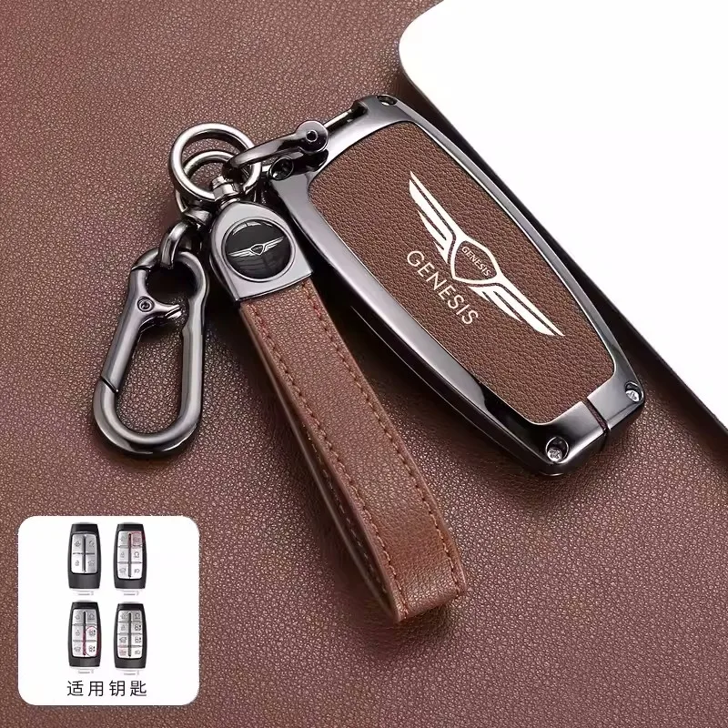 Leather Car Key Case Cover Protector Shell Bag For Hyundai Genesis G80 GV70 GV80 GV90 2019 2020 2021 2022 Keychain Accessories